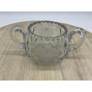 Vintage Clear Pressed Glass Sugar Bowl Round Floral Etched Double Handles Decor